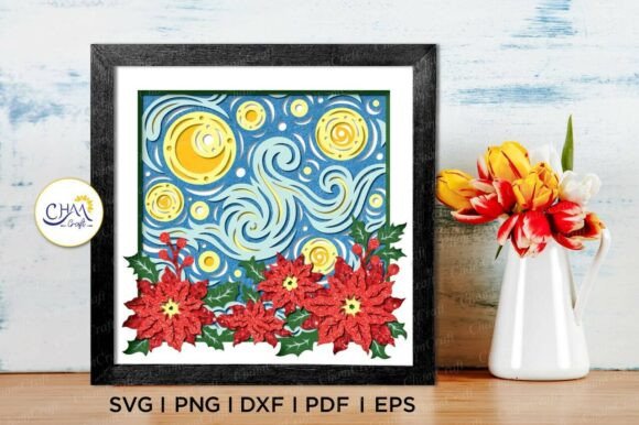 3D Stary Night Poinsettia Shadow Box SVG for Christmas