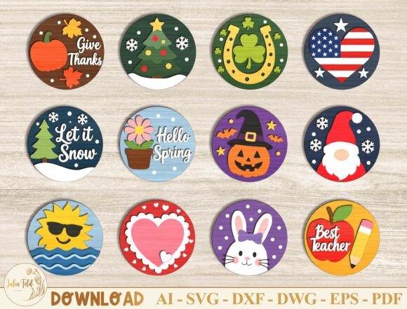 Holiday Round Sign Insert SVG Bundle for Home Decor
